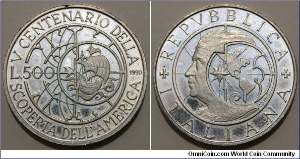 500 Lire (Italian Republic / 500th Anniversary of discovery of America - 2nd issue // SILVER 0.835 / 11g / ⌀29.3mm / Low Mintage: 25.000 pcs) 