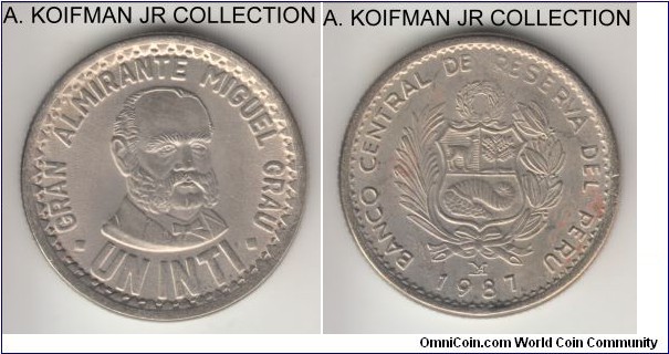 KM-296, 1987 Peru inti, Lima mint (mint mark in monogram); copper-nickel, reeded edge; Admiral Grau circulation commemorative, average uncirculated, weak strike in places.
