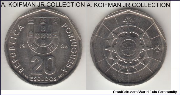 KM-634, 1986 Portugal 20 escudos; copper-nickel, course reeded edge; circulation coinage with nautical compass style reverse, good bright uncirculated.