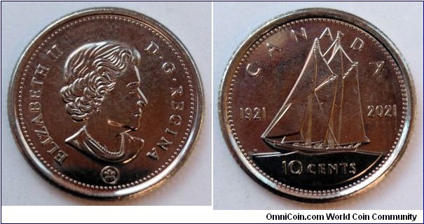 Canada 10 cents.
2021, 100th Anniversary of Bluenose.