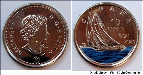 Canada 10 cents.
2021, 100th Anniversary of Bluenose. Coloured.