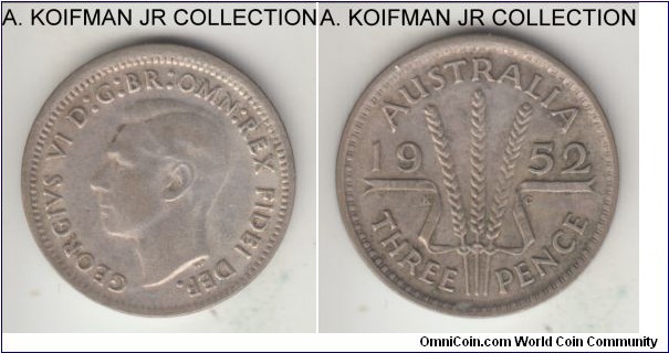 KM-44, 1952 Australia 3 pence, Melbourne mint (no mint mark); silver, plain edge; George VI, last year of coinage, very fine or almost, slight off center strike.