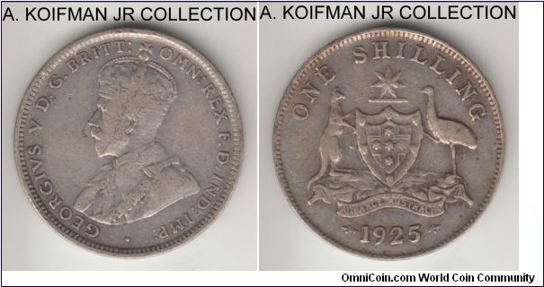 KM-26, 1925 Australia shilling, Melbourne or Sydney mint (no mint mark); silver, reeded edge; George V, good fine or so.