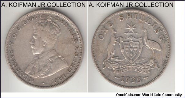 KM-26, 1935 Australia shilling, Melbourne Mint (no mint mark); silver, reeded edge; George V, smaller mintage, fine or so.
