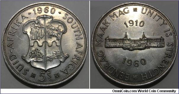 5 Shillings / 1 Crown (Union of South Africa / Queen Elizabeth II / 50th Anniversary of the Union of South Africa 1910-1960 // SILVER 0.500 / 28.28g / ⌀38.61mm / Mintage: 396.000 pcs)