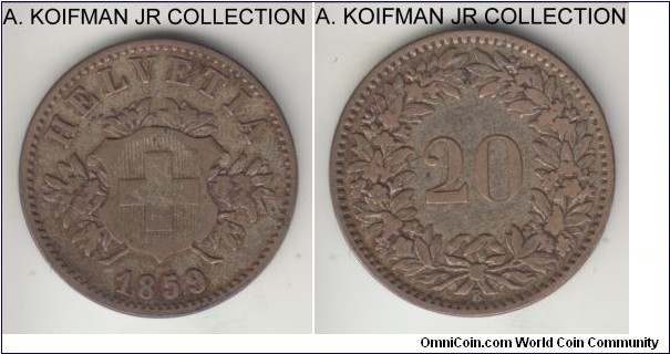 KM-7, 1859 Switzerland 20 rappen, Berne mint (B mint mark); billon, plain edge; early Confederation, good fine to almost very fine.
