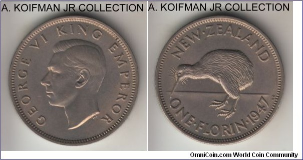 KM-10.2a, 1947 New Zealand florin; copper-nickel, reeded edge; George VI, first base metal type and a 1-year type, uncirculated or almost.