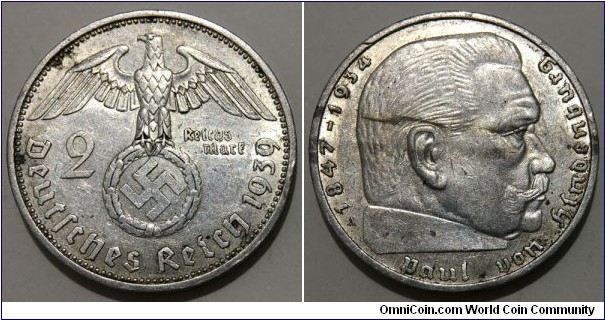 2 Reichsmark (Third Reich // SILVER 0.625 / 8g / ⌀25mm)