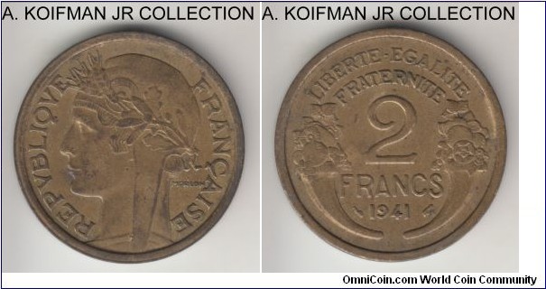 KM-886, 1941 France 2 francs; aluminum-bronze, plain edge; Morlon's Marianne type, last year for the Third Republic, food extra fine.