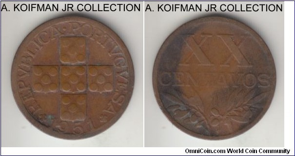 KM-584, 1951 Portugal 20 centavos; bronze, plain edge; coin orientation variety, smaller mintage year, average circulated and stained.