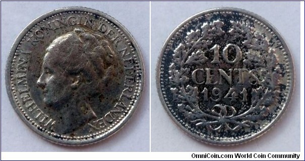 Netherlands 10 cents.
1941, Ag 640. Second piece in my collection.