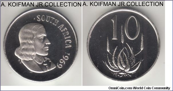 KM-68.1, 1967 South Africa (Republic) 10 cents; proof, nickel, plain edge; English legend, Van der Riebeeck and aloe plant, mintage 25,000 in proof sets, bright lustrous cameo specimen.