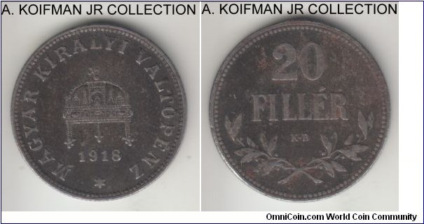 KM-498, 1918 Hungary 20 filler; iron, reeded edge; late Imperial and early Republican type, well circulated. 