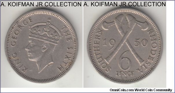 KM-21, 1950 Southern Rhodesia 6 pence; copper-nickel, reeded edge; George VI, somewhat scarcer year despite large mintage, extra fine or almost.