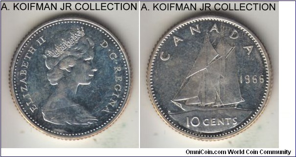 KM-61, 1966 Canada 10 cents; silver, reeded edge; Elizabeth II, common, bright white, light cameo and highly reflective proof-like specimen thus looking dark on the scanner, typical 