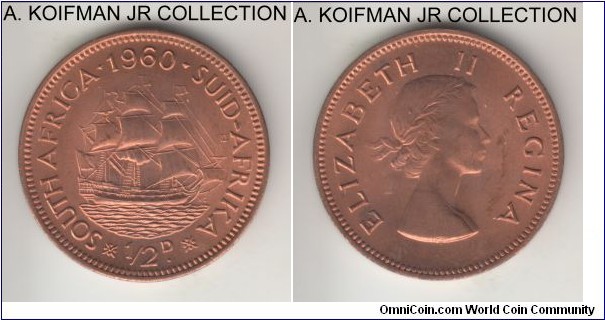 KM-45, 1960 South Africa (Dominion) half penny; bronze, plain edge; Elizabeth II, last year of coinage pre-Republic coinage, common and nice red choice uncirculated.