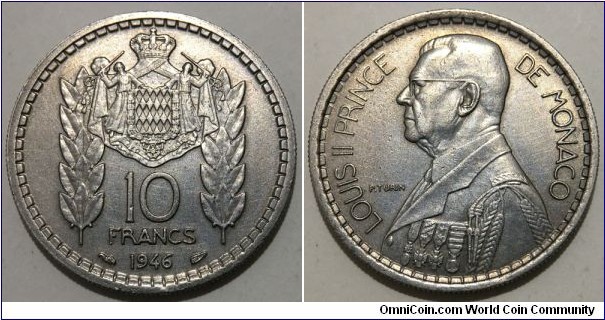 10 Francs (Principality of Monaco / Prince Louis II // Copper-Nickel / Mintage: 1.000.000 pcs) 