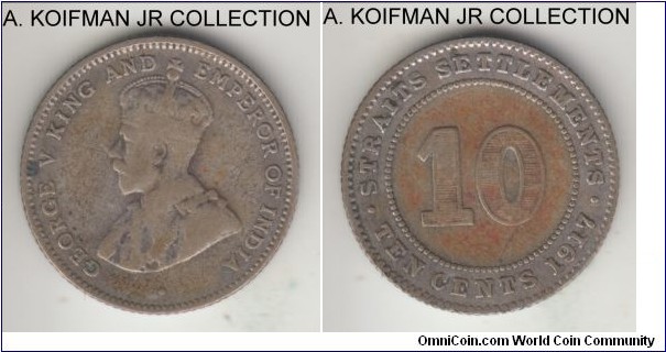 KM-29, 1917 Straits Settlements 10 cents; silver, reeded edge; George V, 2-year type, average circulated very good or about.