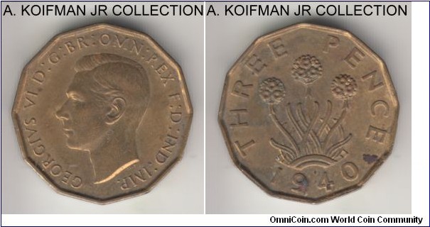 KM-849, 1940 Great Britain 3 pence; nickel-brass, 12-sided, plain edge; George VI, average uncirculated or almost details with some luster and a couple of reverse spots.