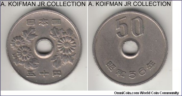 Y#81, Showa Yr.56 (1980) Japan 50 yen; copper-nickel, reeded edge; Hirohito, circulation coinage, very fine or so.