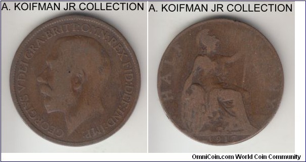 KM-809, 1917 Great Britain 1/2 penny; bronze, plain edge; George V, average worn.