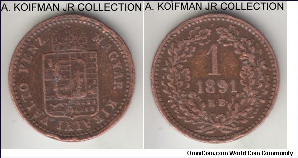 KM-478, 1891 Hungary (Austro-Hungarian Empire) krajczar, Kremnitza mint; copper, plain edge; Franz Joseph I, 2-year type, well circulated with some edge bruising. 