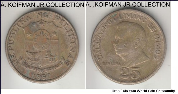 KM-199, 1967 Philippines 25 sentimos; copper-nickel-zinc, reeded edge; circulation issue with the bust of Juan Luna, first year of the type, average circulated.