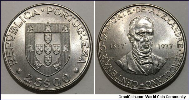 25 Escudos (3rd Portuguese Republic / 100th Anniversary of the Death of Alexandre Herculano // Copper-Nickel)