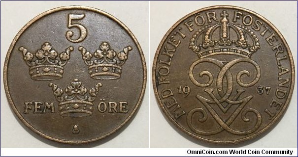 5 Ore (Kingdom of Sweden / King Gustaf V // Bronze 8g) 