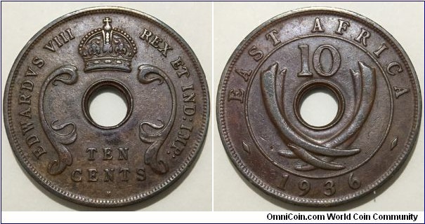 10 Cents  (British East Africa / King Edward VIII // Bronze 10.9g) 