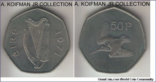 KM-24, 1971 Ireland 50 pence; copper-nickel, 7-sided flan, plain edge; first decimal type, smaller mintage year, lightly toned average uncirculated.
