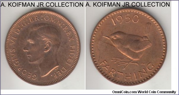 KM-867, 1950 Great Britain farthing; proof, bronze, plain edge; George VI, from one of 18,000 (Krause) or 17,500 (Numista) proof sets, red brown uncirculated.
