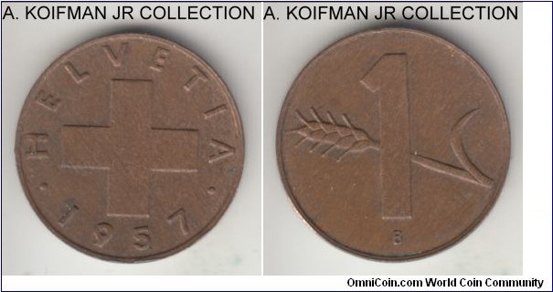 KM-46, 1957 Switzerland rappen, Bern mint; bronze, plain edge; average brown uncirculated, small obverse spot.