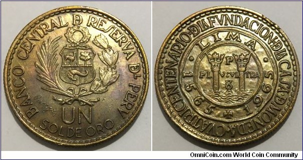 1 Sol de Oro (Republic of Peru / 400th Anniversary of the Foundation of La Casa de Moneda // Brass 9.1g) 	