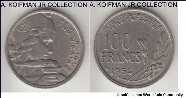 KM-919.1, 1954 France 100 francs, Paris mint (no mint mark); copper-nickel, reeded edge; common, decent extra fine.