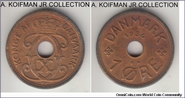 KM-826.2, 1936 Denmark ore; bronze, plain edge; Christian X, almost uncirculated details, but yellow toned.