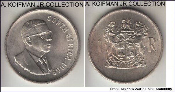KM-80.1, 1969 South Africa (Republic) rand; silver, reeded edge; English legend, end of Dr. T.E. Donges presidency circulation commemorative, 1-year type, nice white choice uncirculated.