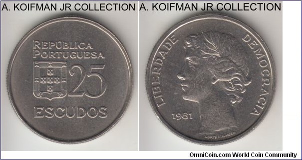 KM-607a, 1981 Portugal 25 escudos; copper-nickel, reeded edge; circulation coinage, bright average uncirculated or almost, a bit of contact or bag marks on reverse.
