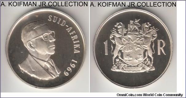 KM-80.2, 1969 South Africa (Republic) rand; proof, silver, reeded edge; end of Dr. T.E. Donges presidency circulation commemorative, 1-year type, Afrikaans legend variety, mintage 12,000, cameo proof.