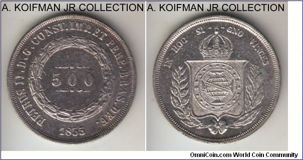 KM-464, 1854 Brazil (Empire) 500 reis; silver, reeded edge; Pedro II, almost uncirculated details, old cleaning and retoning.