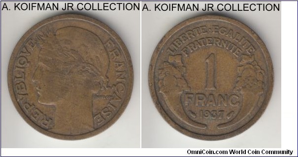 KM-885, 1937 France franc; aluminum-bronze, plain edge; some obverse marks, overwise good fine or better.