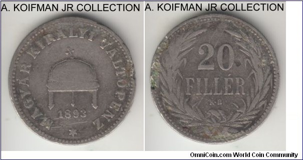 KM-483, 1893 Hungary (Austro-Hungarian Empire) 20 filler, Kremnitz mint (KB mint mark); nickel, reeded edge; Franz Joseph I, common issue and year, very good details with wear and edge issues.