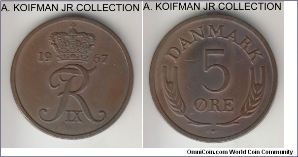 KM-848.1, 1967 Denmark 5 ore; bronze, plain edge; Frederik IX, common circulation issue, mostly brown uncirculated details with slight storage discoloration.