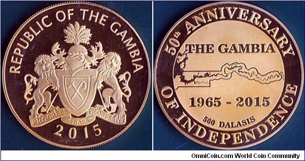 The Gambia 2015 500 Dalasis.

50 Years of Independence.

Very scarce - only 200 coins struck!