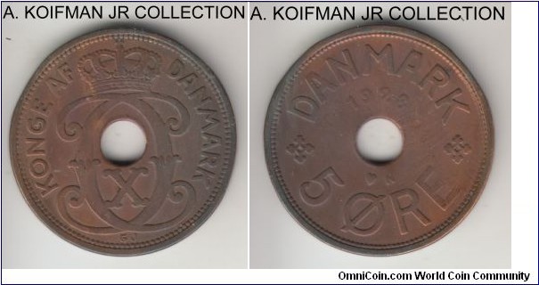 KM-828.2, 1928 Denmark 5 ore; bronze, holed flan, plain edge; Christian X, good fine or better details, discoloration from improper storage.
