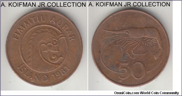 KM-26, 1981 Iceland 50 aurar, Royal Mint (London, no mint mark); bronze, plain edge; extra fine, a bit dirty reverse.