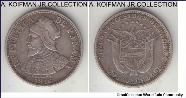 KM-2, 1916 Panama 5 centesimos; silver, reeded edge; scarce year of the 2-year type with mintage of 100,000, very fine or almost.