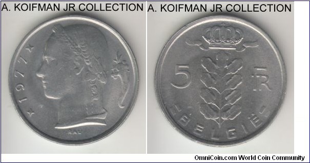KM-135.1, 1977 Belgium 5 francs; copper-nickel, reeded edge; Baudouin I, Dutch (Flemish) variety BELGIE, good uncirculated.