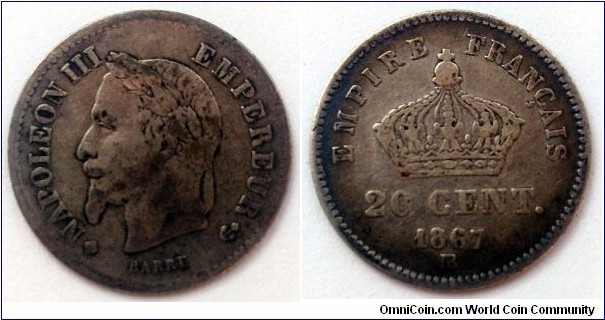 France 20 centimes.
1867 BB - Strasbourg. Napoleon III. Ag 835.