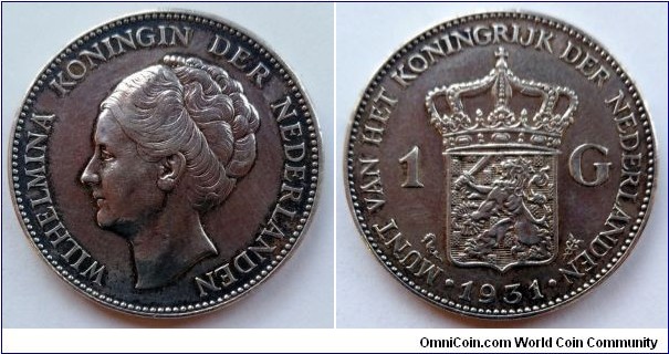 Netherlands 1 gulden.
1931, Wilhelmina. Ag 720.